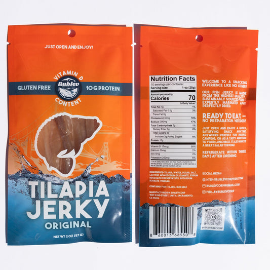 Rublev Fish Jerky - Tilapia, Original Flavor, Dried Fish Strips, Omega-3 Rich, High-Protein Snack for Humans, Keto Friendly, Gluten-Free, Low-Carb, Made in USA, 2oz
