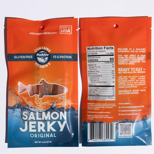 Rublev Fish Jerky - Wild-Caught Salmon, Dried Fish Strips, Omega-3 Rich, High-Protein Snack for Humans, Keto Friendly, Gluten-Free, Low-Carb, Made in USA, 2oz