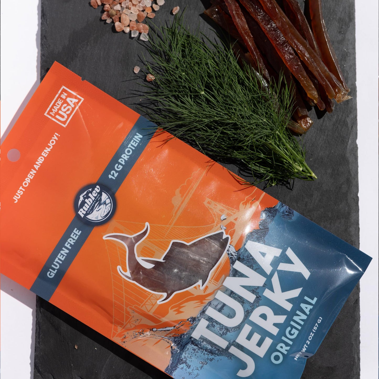 Rublev Fish Jerky - Wild-Caught Tuna, Original Flavor, Dried Fish Strips, Omega-3 Rich, High-Protein Snack, Keto Friendly, Gluten-Free, Low-Carb, Made in USA, 2oz