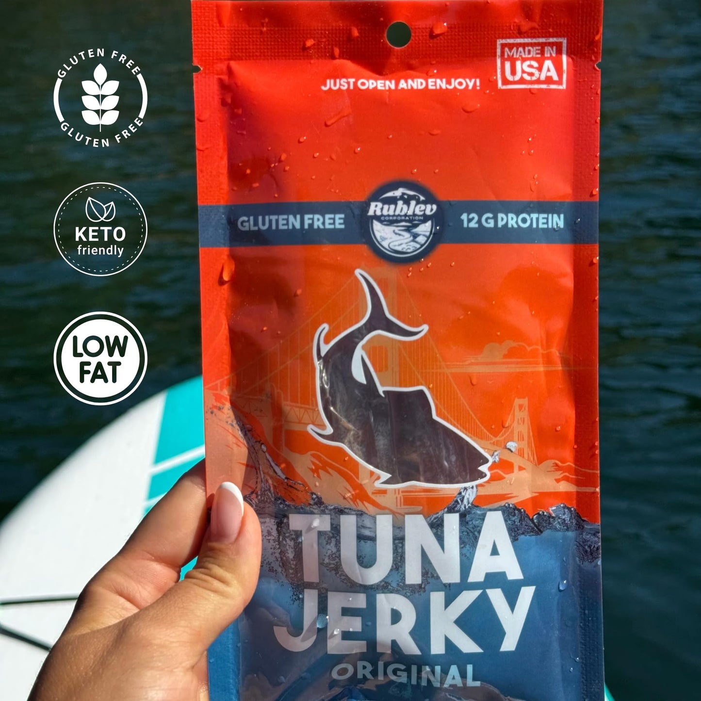 Rublev Fish Jerky - Wild-Caught Tuna, Original Flavor, Dried Fish Strips, Omega-3 Rich, High-Protein Snack, Keto Friendly, Gluten-Free, Low-Carb, Made in USA, 2oz