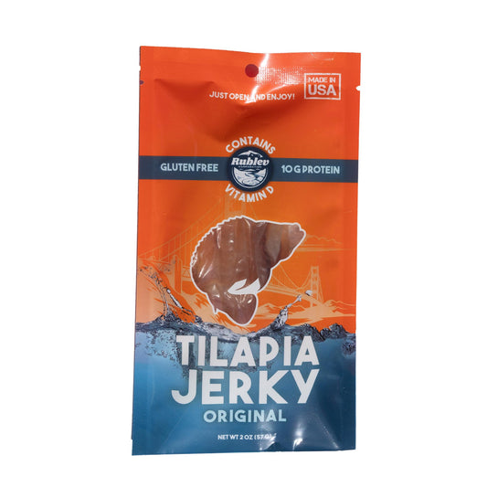 Rublev Fish Jerky - Tilapia, Original Flavor, Dried Fish Strips, Omega-3 Rich, High-Protein Snack for Humans, Keto Friendly, Gluten-Free, Low-Carb, Made in USA, 2oz