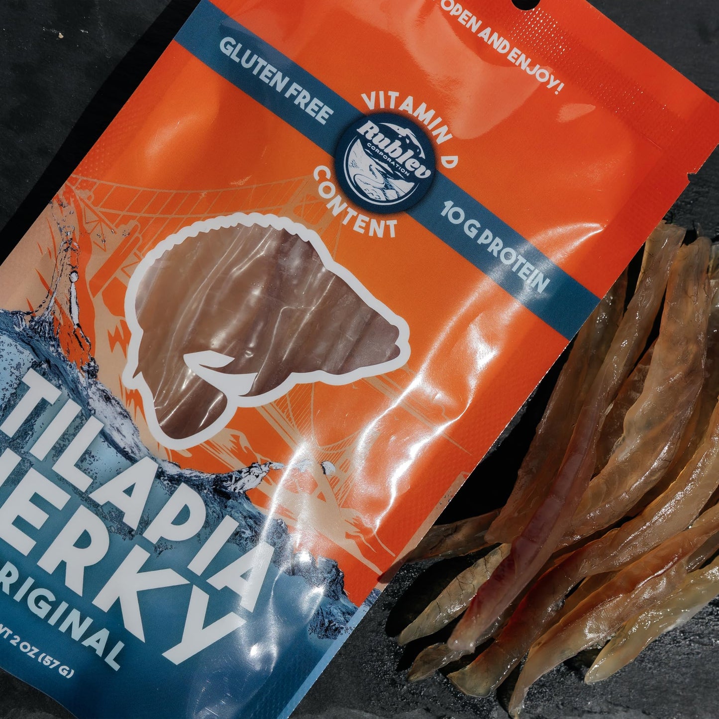 Rublev Fish Jerky - Tilapia, Original Flavor, Dried Fish Strips, Omega-3 Rich, High-Protein Snack for Humans, Keto Friendly, Gluten-Free, Low-Carb, Made in USA, 2oz