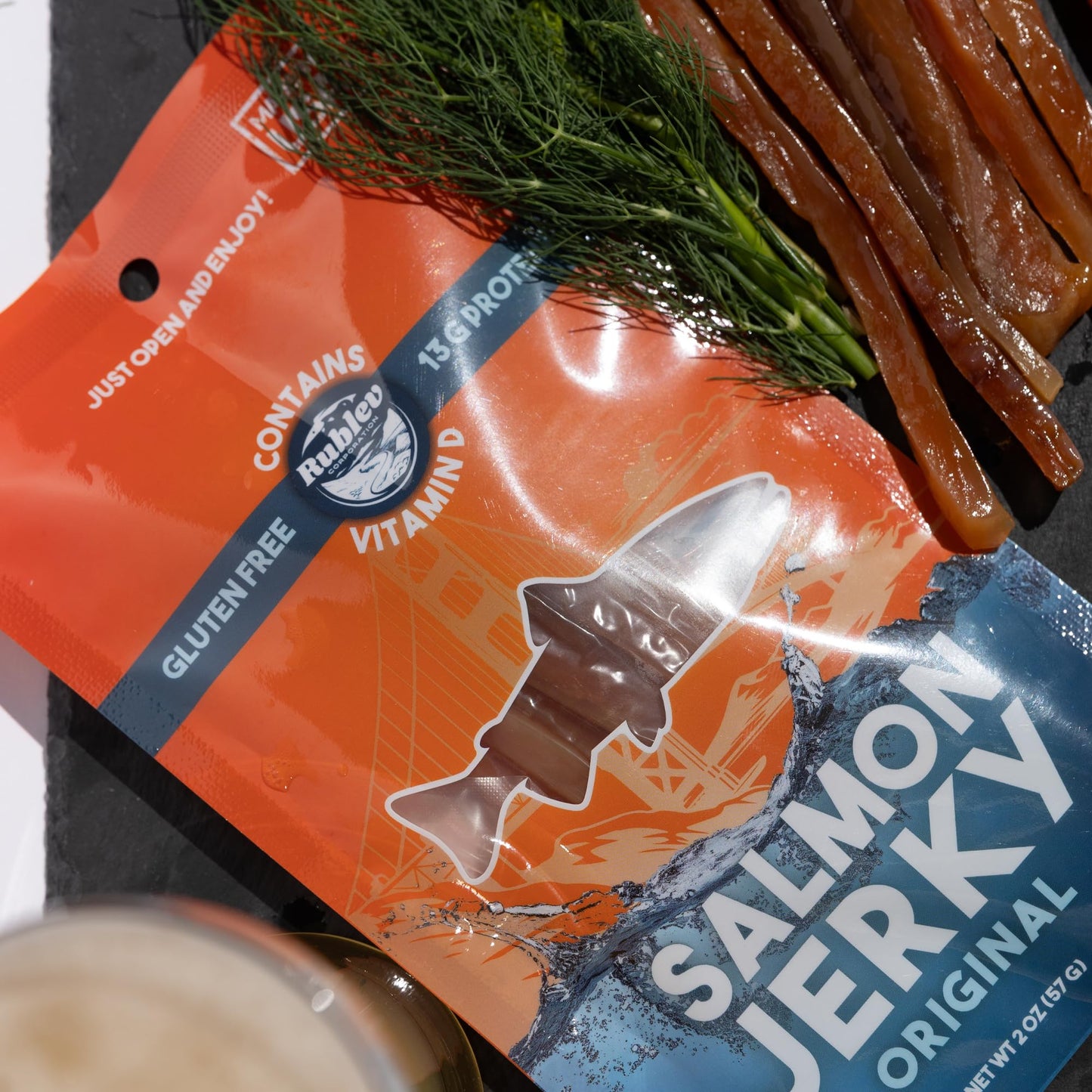 Rublev Fish Jerky - Wild-Caught Salmon, Dried Fish Strips, Omega-3 Rich, High-Protein Snack for Humans, Keto Friendly, Gluten-Free, Low-Carb, Made in USA, 2oz